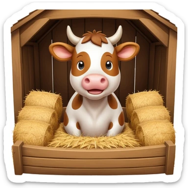 cute cow feeding scene inside a cow barn, wooden stable, hay bales, feeding trough, happy cow eating hay, warm farm lighting, 3D cartoon, mobile game icon style, clean background, no text, no watermark
 sticker