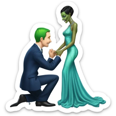alien reptilian green skin woman, in long slim pastel blue formal party satin dress with gradient shiny sparkling navy blue diamonds embroidered , and caucasian man in black dres on his knees asks her to marry her sticker