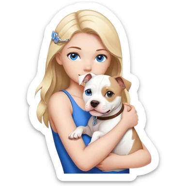 Blonde girl with blue eyes holding a american stafford who’s white and has a little brown on his back sticker