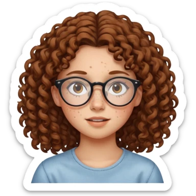 make a really curly hair, teen girl with glasses and late acne that looks like freckles sticker
