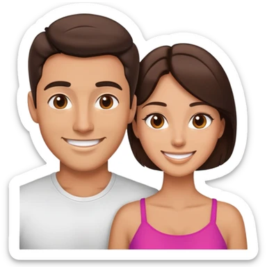 Attractive brunette man and woman with tan skin from chest up, smiling at camera sticker