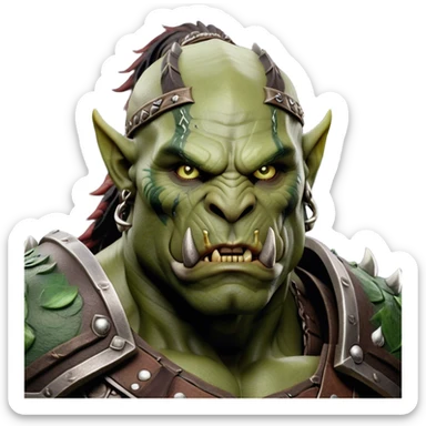 Cinematic Realistic WoW Orc Warrior Portrait, depicted with battle-scarred, rugged green skin and a powerful, muscular build that radiates primal strength. Clad in intricately detailed tribal armor accented with dark leather and iron embellishments in deep, earthy tones, his fierce eyes and determined expression exude honorable might. Rendered with lifelike texture and dramatic natural lighting, high shine, noble and formidable, capturing the essence of a legendary orc champion. sticker