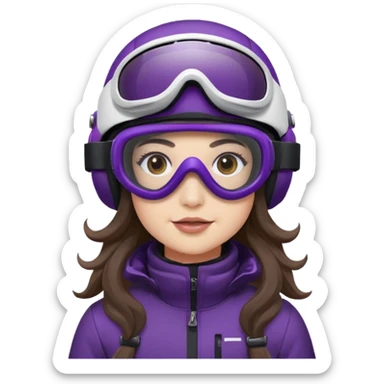 Sitting on snowmobile goggles and helmet not covering my face brown eyes long wavy hair white skin dark purple change snowmobile color to dark purple and white not yellow Snowmobile helmet and goggles, not on my face pants black no glasses on my face sticker