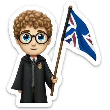 Harry Potter with blue eyes holding UK flag sticker