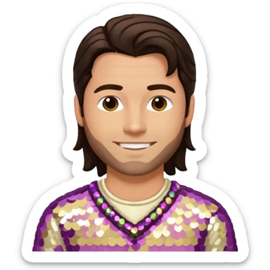 Chris Pontius from Jackass with long dark brown hair, cream sequin outfit sticker