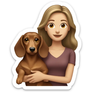 A woman with shoulder length brown hair holding a blonde colored long hair dachshund  sticker