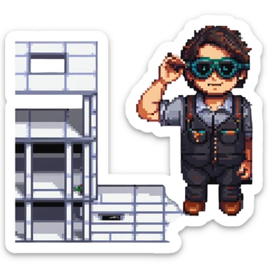 architect man making a model of a building wearing protective glasses sticker