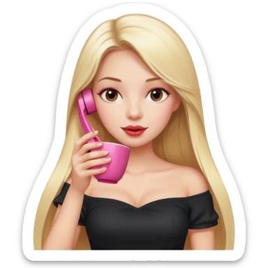 close-up of woman with straight long blond hair, gossiping on a pink analogue phone, holding a tea cup, wearing an off-shoulder black top, red face sticker