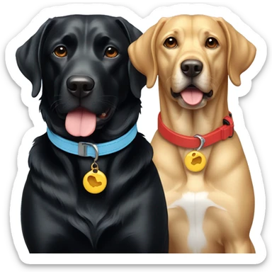 2 dogs, black labradors. one on the left smaller. The dog on left with a light blue collar. dog on right with red collar. sticker
