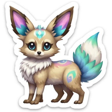 Rare iridescent white exotic epic aesthetic colorful Trico-Eevee-Genet-species-Fakemon-hybrid-creature, with intricate tattoo markings, full body sticker