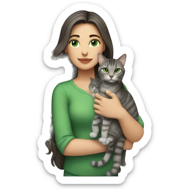 A woman with long dark brown hair and green eyes holds a gray tabby cat with green eyes in her arms sticker
