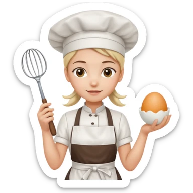 Young female pastry chef - ponytail, apron, wearing a white hat, holding an egg beater in her right hand
 sticker