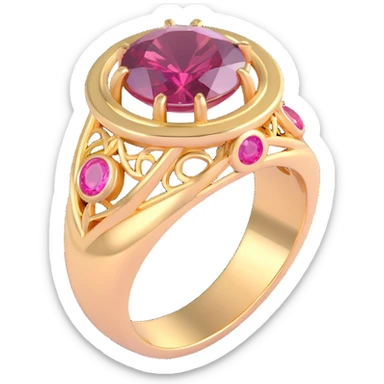 realistic 3D gothic ring with gold and pink gemstone, minimal and elegant sticker