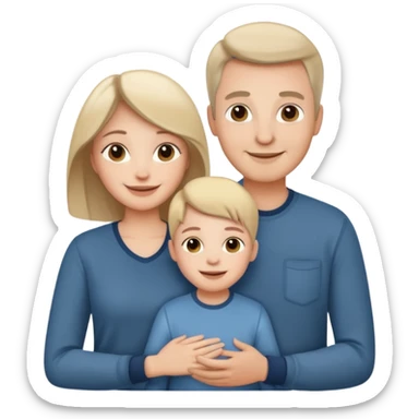 white family emoji: mother, father, and child together, smiling, warm, casual modern clothes sticker