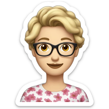 unshaved white brunette with short hair up unshaved wearing glasses and dark t-shirt with flowers print sticker