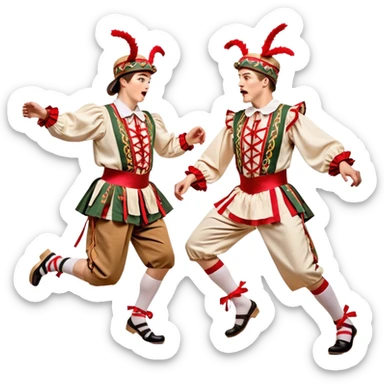 Cinematic Realistic scene of two performers executing a Morris Dance in full traditional costume—with bells, ribbons, and clogs—captured in dynamic motion against a rustic English backdrop and warm, golden lighting sticker