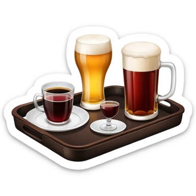 A serving tray with a beer, glass of wine, and a cup of coffee sticker