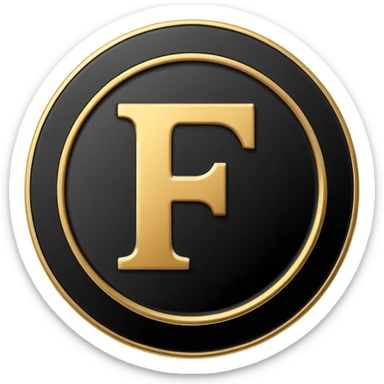 Emoji icon of a black coin with engraved letter F, minimalist style, isolated sticker