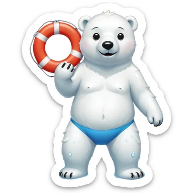 full body friendly anthropomorphised polar bear smiling, wearing colorful swim shorts and swim goggles, standing in a small puddle, holding a red and white life buoy sticker