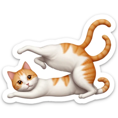 ginger and white cat with orange eyes doing a big extremely long stretch reaching up into the air with arms and legs side by side together straight and overextended whilst lying on its side sticker