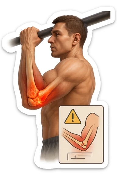 3D, vertical anatomical visualization: close-up of a man’s elbow during a pull-up, with the internal anatomy visible. A clear rupture or lesion is shown in the tendon or ligament, colored in red and orange. Swelling and inflammation are depicted around the joint. A warning icon and a small infographic explain the mechanism of injury. sticker