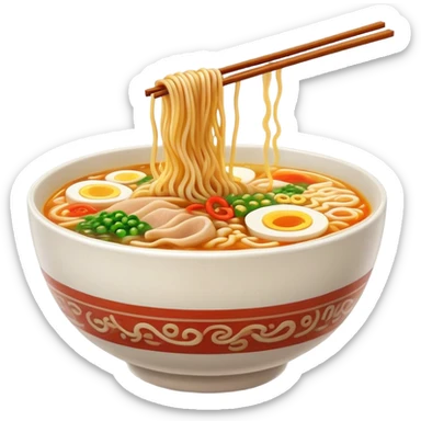 Cinematic Realistic Ramen Dish Emoji, showcasing a steaming bowl of rich broth with noodles and toppings rendered with dynamic textures and inviting, warm lighting. sticker