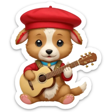 Steampunk:a very cute and adorable anthropomorphic puppy with a red beret is playing an acoustic guitar sticker