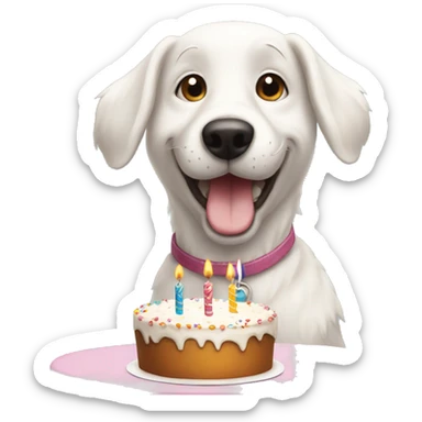 Happy white dog next to a birthday cake sticker