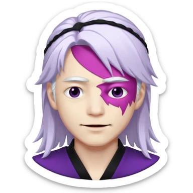 A young pale skinned Japanese man, with long free white hair. Purple eyes pink lips. Devious smile and an eyepatch sticker