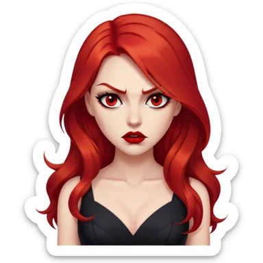 a beautiful very angry woman with long red hair and red eyes. The woman wear a black little cutted dress. She have red lipstick and she have a seductive look. Angry face sticker