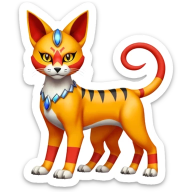 Colorful orange red black yellow Bastet-Gatomon-Vernid-Protogen-Digimon-Fakémon-Pokémon-creature  (full body) sticker