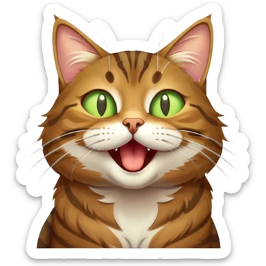 Cinematic Cute Yawning Brown Tabby Cat Portrait Emoji, Head tilted slightly with a dramatic, wide-open yawn, soft brown fur with bold tabby markings, long whiskers stretching forward, golden-green eyes barely open in drowsy contentment, Simplified yet irresistibly adorable features, highly detailed, glowing with a soft, cozy glow, high shine, relaxed yet expressive, stylized with a touch of whimsy, bright and endearing, soft glowing outline, capturing the essence of a sleepy yet affectionate kitty, so drowsy it feels like it could stretch right out of the screen and curl up for a nap! sticker