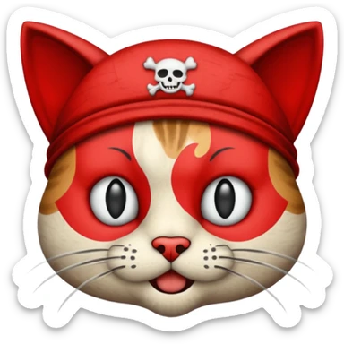 Vintage 1930s cartoon style emoji, cat, pirate aesthetic, thick black outlines, rubber hose animation style, monochrome with red accents, grainy paper texture, white background --v 6.0 sticker