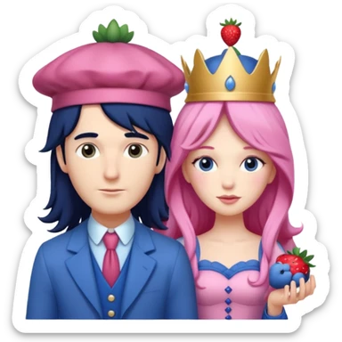 pale blueberry prince man Handsome with long black hair blueberry hat and clothes. He is standing  next to pale strawberry princess woman with strawberry hat eyelashes long pink hair and Pink strawberry dress sticker
