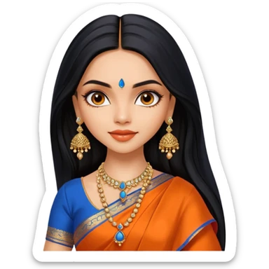 generate a pretty bratz Deepika Padukone with long black hair middle parted.
Wearing an orange saree with a blue blouse, golden jhumkas
SHe shoudl look like deepika padukone sticker