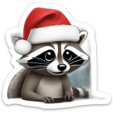 raccoon with a christmas hat behind a laptop sticker