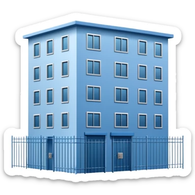 blue rectangular 9-story apartment building surrounded by fence, closed courtyard, minimal flat vector icon sticker