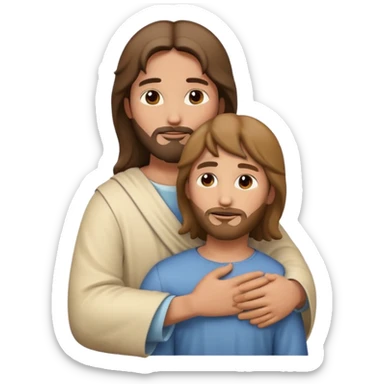 Jesus hugging someone with gentle expression, emoji style sticker
