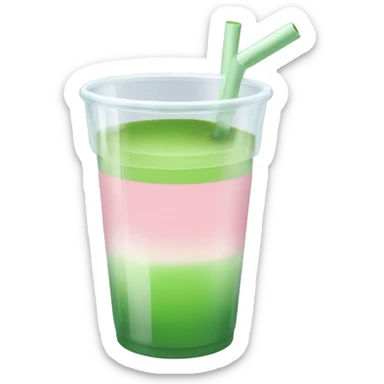 Clear cup. The bottom half of the cup has a light pink liquid, and the top half is matcha green. A transparent straw sticks out.  sticker