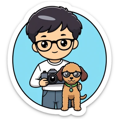 A little boy with straight black medium-length hair, white skin, and black eyes wearing black-framed glasses is taking photos on a UFO with a camera. Beside him, there is an alien and a brown round-headed teddie poodle. sticker
