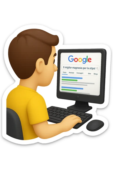 emoji stile iphone di un uomo davanti al pc che cerca di google: "Il miglior magnesio per la stipsi", iperrealistico 4k sticker