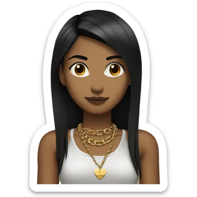 Black straight hair girl with tan skin, brown eyes and punk shitt with a gold necklace sticker