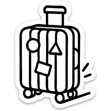ribbed suitcase with wheels and handle, decorated with various travel stickers, shown semi-sideways or in a hand, clear thick contours, sharp shadows and highlights, no gradient blending sticker