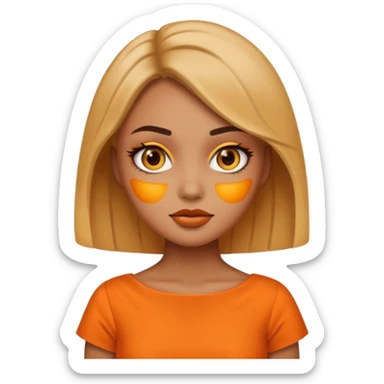 A girl tan skin face emoji with skin head styled, dramatic makeup and an orange dress. sticker