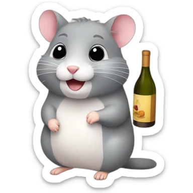 Gray hamster with a bottle of wine sticker