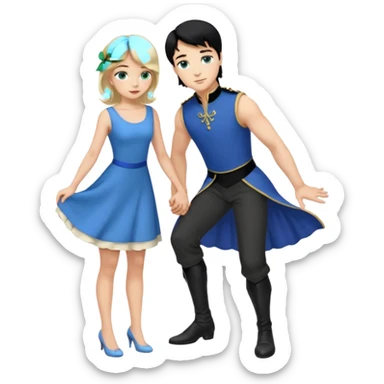 prince, black hair, blue eyes, blue garment,  Woman, blonde Hair, green eyes, bending knee, sleveless white dress, sticker