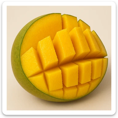 cross section of a mango sliced into pieces, showing juicy yellow-orange flesh and green-yellow skin, clear separation between slices, simple background sticker
