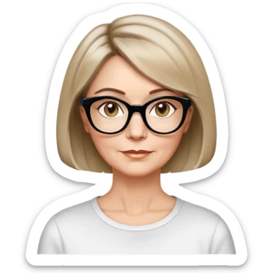 white woman about 50 years old, light warm skin, short bob haircut to neck with slight waves at ends, medium brown hair with soft highlights, neutral expression, large black shiny butterfly or cat-eye glasses, white casual t-shirt, calm and creative energy sticker