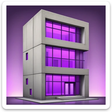 Brutalist concrete building with single vibrant purple window illuminated from within sticker