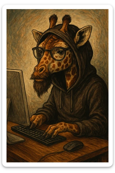 a giraffe with a beard, glasses, and a hood, sitting at a computer, detailed, distinct artistic style sticker